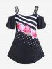 Plus Size Flower Polka Dot Stripes Cold Shoulder T Shirt -  
