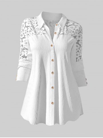Plus Size Crinkle Lace Panel Button Up Shirt - WHITE - M | US 10