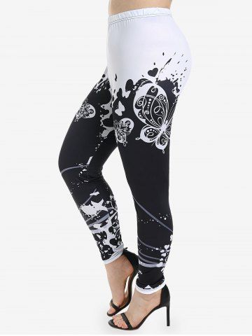 Plus Size Butterfly Printed Two Tone Leggings - BLACK - L | US 12
