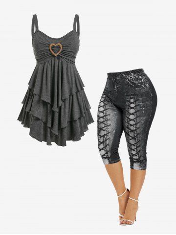 Heart Buckle Layered Tank Top and 3D Lace Up Jean Print Capri Leggings Plus Size Outfit - GRAY