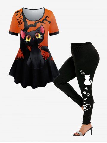 Cat Print Tee and High Waist Cat Paw Print Leggings Plus Size Summer Outfit - ORANGE