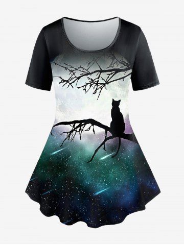 Plus Size Short Sleeve Galaxy Moon Cat Print Tee - BLACK - S | US 8