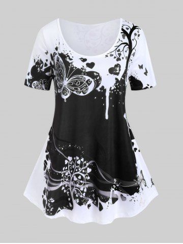 Plus Size Butterfly Heart Printed Colorblock Tee - BLACK - 4X | US 26-28