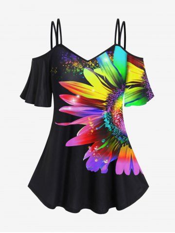 Plus Size Cold Shoulder Rainbow Sunflower Print Tee - BLACK - 2X | US 18-20