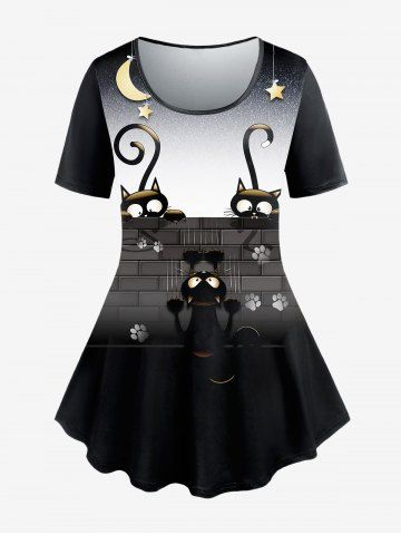 Plus Size Cat Moon Star Printed Short Sleeves Tee