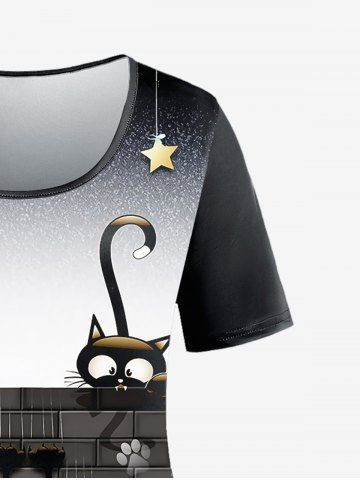 Plus Size Cat Moon Star Printed Short Sleeves Tee