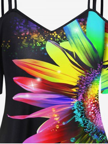 Plus Size Cold Shoulder Rainbow Sunflower Print Tee