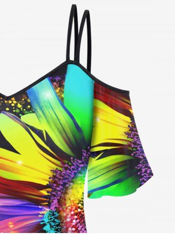 Plus Size Cold Shoulder Rainbow Sunflower Print Tee