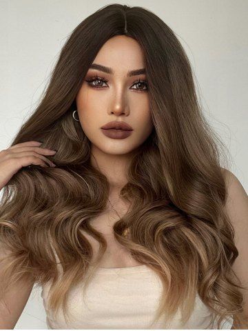 Long Brown Ombre Color Fluffy Wavy Synthetic Wig - BROWN BEAR - 22INCH