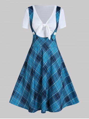 Plaid Print Suspender Skirt And Bowknot Cut Out T-shirt Set - BLUE - M