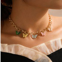 Chunky Chain Colorful Butterfly Choker Necklace -  