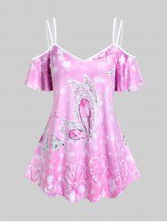 T-shirt à Épaules Nues à Imprimé Papillon 3D Grande Taille - Rose clair 3X | US 22-24