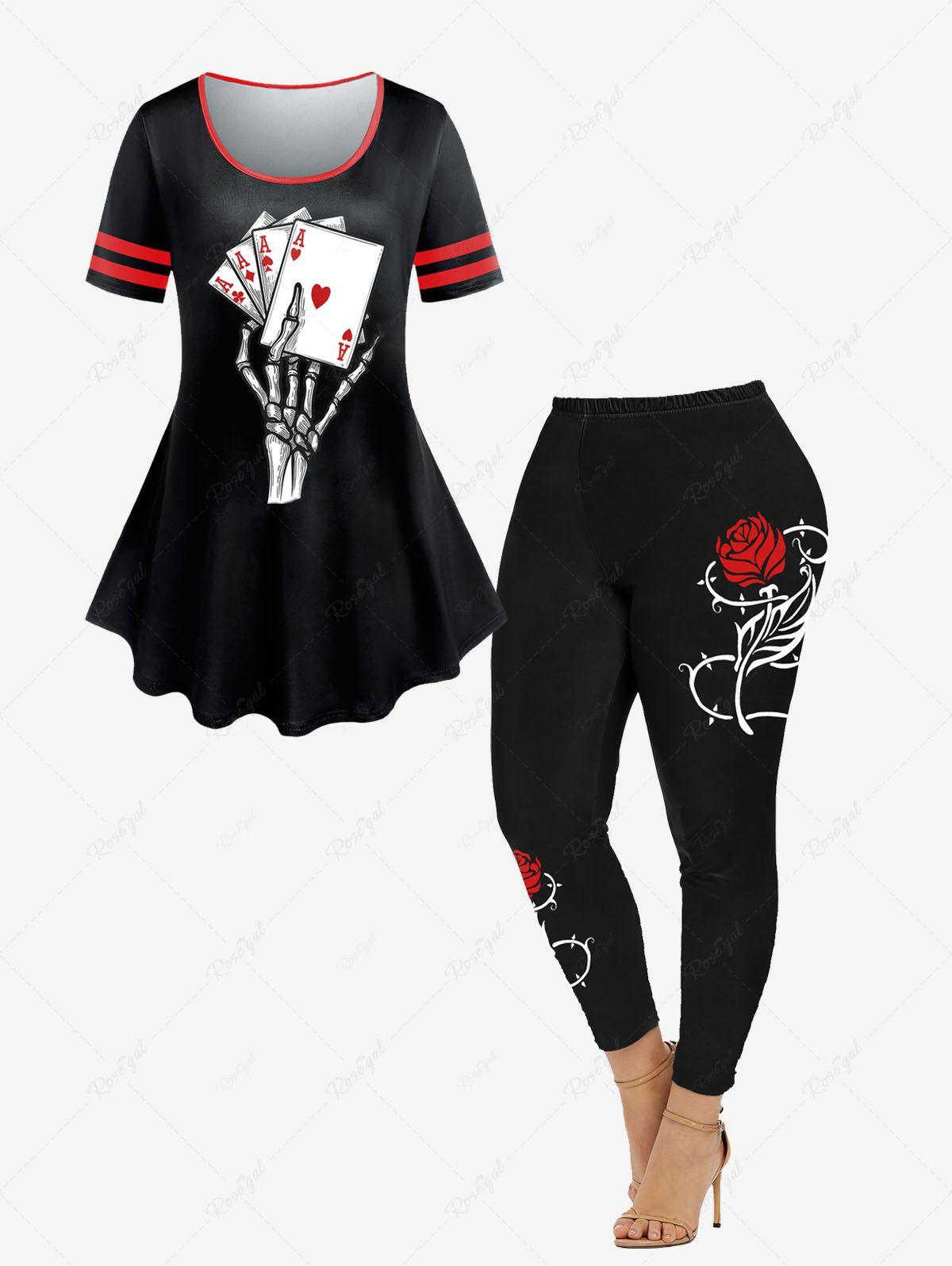 Shop Skeleton Playing Card Printed Gothic Tee and High Rise Rose Print Skinny Leggings Plus Size Outfit  
