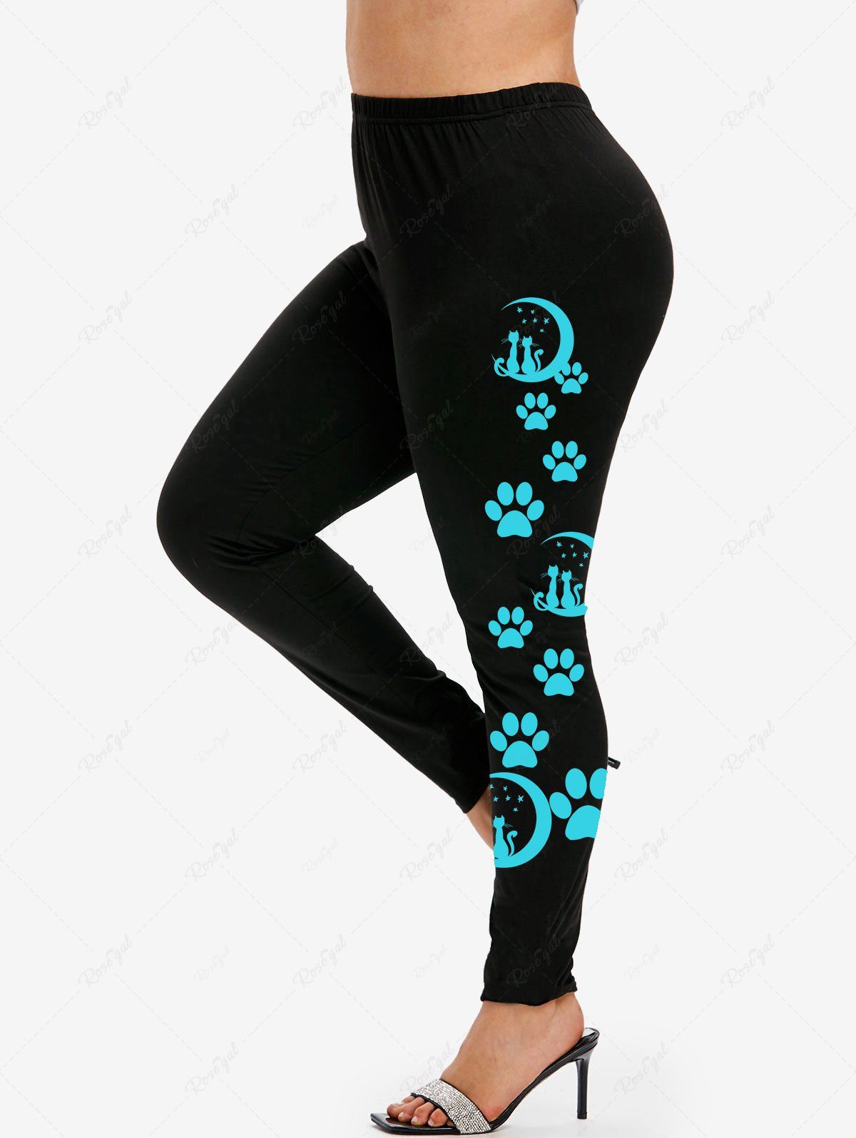 Fancy Plus Size High Waist Moon Cat Paw Print Skinny Leggings  