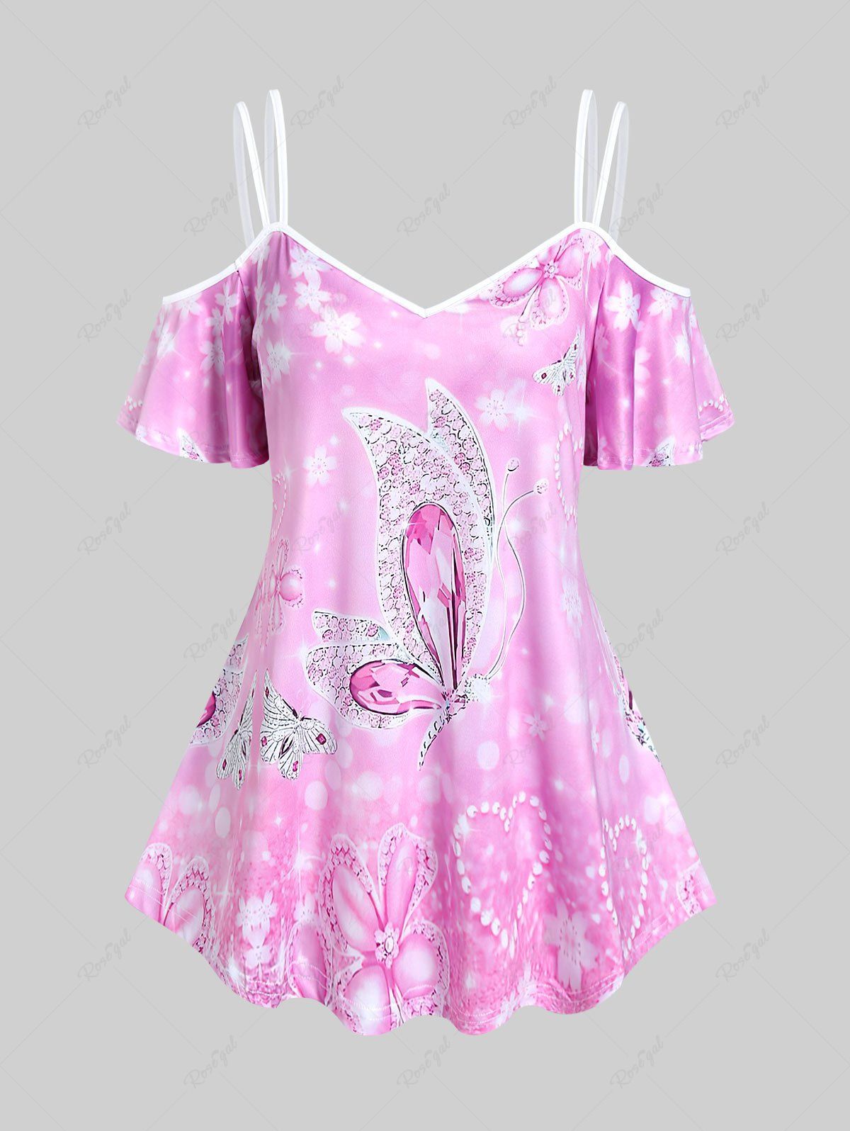 T-shirt à Épaules Nues à Imprimé Papillon 3D Grande Taille Rose clair 