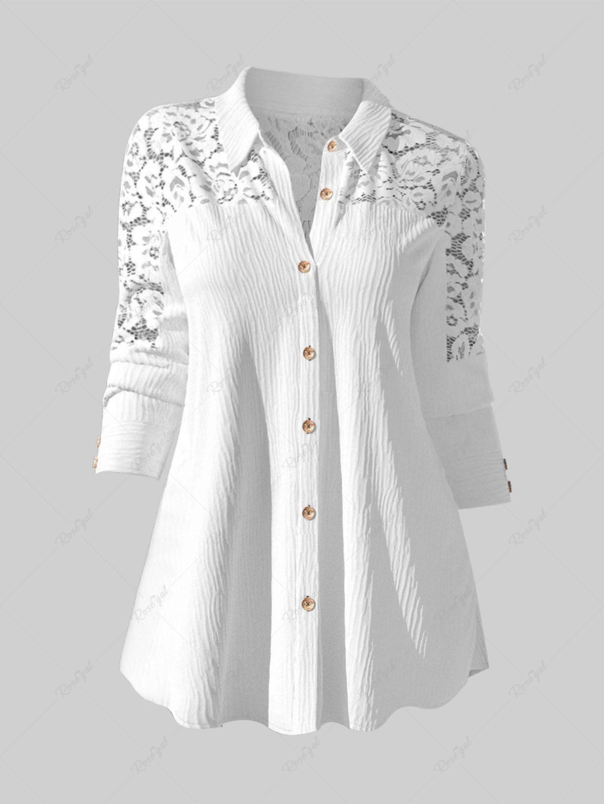 Store Plus Size Crinkle Lace Panel Button Up Shirt  
