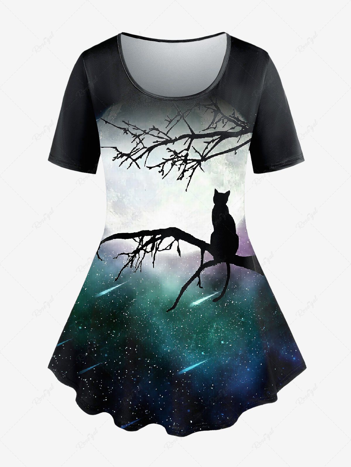 T-shirt à Imprimé Chat Lune et Galaxie à Manches Courtes de Grande Taille Noir L | US 12