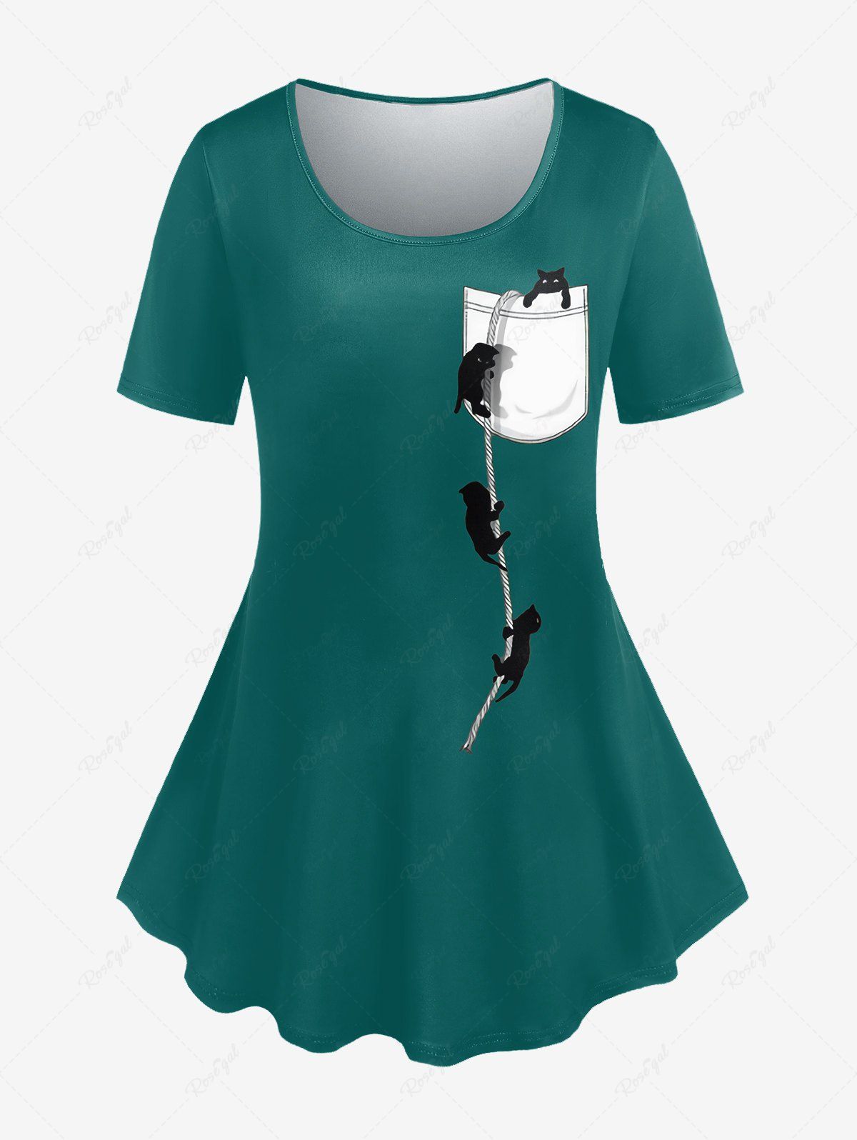 T-shirt à Imprimé 3D Chat à Manches Courtes de Grande Taille avec Poche Vert profond 5x | US 30-32