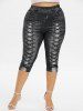 Heart Buckle Layered Tank Top and 3D Lace Up Jean Print Capri Leggings Plus Size Outfit -  