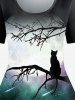 T-shirt à Imprimé Chat Lune et Galaxie à Manches Courtes de Grande Taille - Noir L | US 12