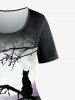 T-shirt à Imprimé Chat Lune et Galaxie à Manches Courtes de Grande Taille - Noir L | US 12