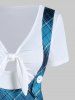 Plaid Print Suspender Skirt And Bowknot Cut Out T-shirt Set -  
