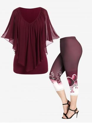 Cold Shoulder Chiffon Overlay Tee and High Waist Heart Floral Print Capri Leggings Plus Size Summer Outfit