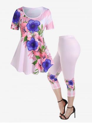 Floral Print T-shirt and Floral High Waist Skinny Leggings Plus Size Outfit