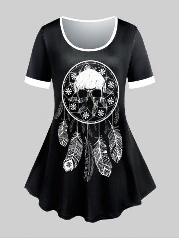 Plus Size Skull Feather Printed Two Tone Ringer Tee - BLACK - 2X | US 18-20