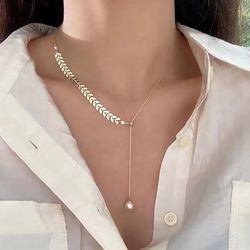 Minimalist Wheat Ear Pearl Pendant Necklace - GOLDEN