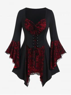 Gothic Bell Sleeve Skull Lace Handkerchief Tee - BLACK - 1X | US 14-16