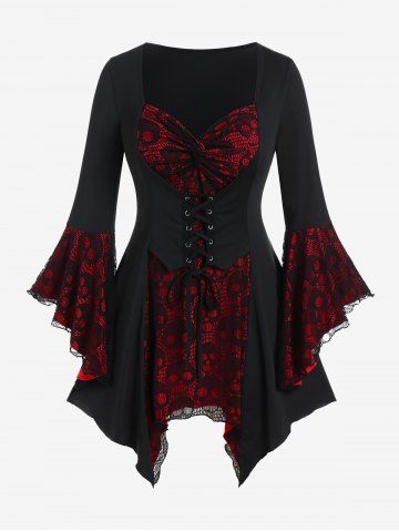 Gothic Bell Sleeve Skull Lace Handkerchief Tee - BLACK - 2X | US 18-20
