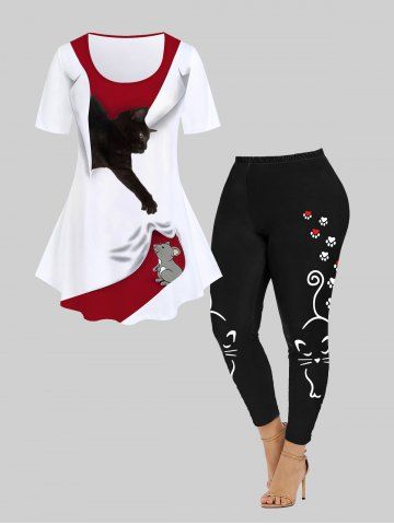 Cat and Mouse Print T-shirt and Cartoon Cat Printed Leggings Plus Size Outfit - DEEP RED