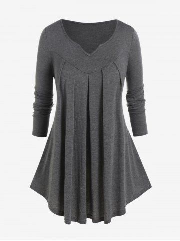 Plus Size V Notched Pleated Tee - GRAY - L | US 12