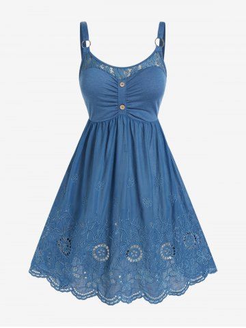 Plus Size Embroidered Lace Panel Open Back A Line Dress - BLUE - L | US 12