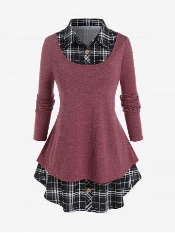 Plus Size Tee with Plaid Detachable Collar and Skirt Set - DEEP RED - M | US 10