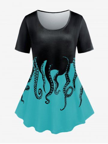 Plus Size Short Sleeve Octopus Print Tee - BLACK - 3X | US 22-24