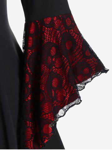 Plus Size Skulls Mesh Panel Bell Sleeves Twist Lace Up Asymmetrical 2 In 1 Top