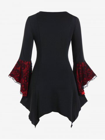 Plus Size Skulls Mesh Panel Bell Sleeves Twist Lace Up Asymmetrical 2 In 1 Top