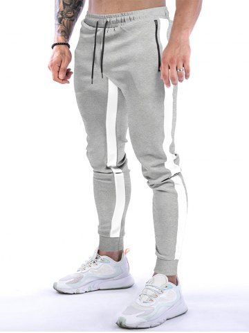 Contrast Colorblock Drawstring Zipper Pockets Beam Feet Long Casual Sports Sweatpants - LIGHT GRAY - XXL