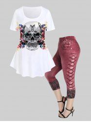 Ensemble de T-shirt Gothique à Imprimé 3D Papillon Crâne et Jegging en Denim de Grande Taille - Blanc 