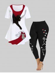 Cat and Mouse Print T-shirt and Cartoon Cat Printed Leggings Plus Size Outfit -  
