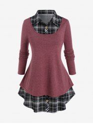 Plus Size Tee with Plaid Detachable Collar and Skirt Set -  