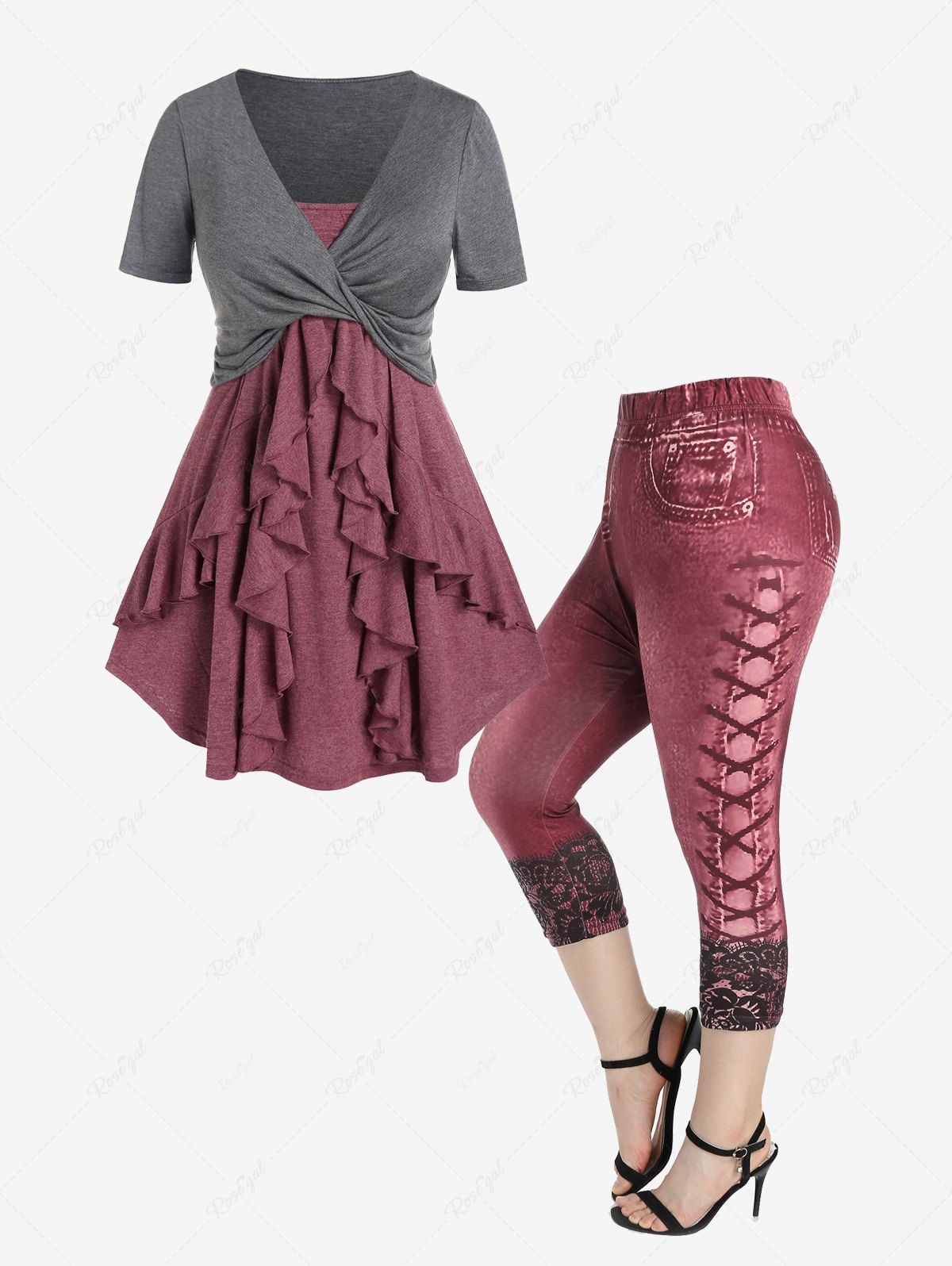 Affordable Twist Cropped Tee and Ruffled Tank Top Set and High Waisted 3D Denim Capri Jeggings Plus Size Outfit  