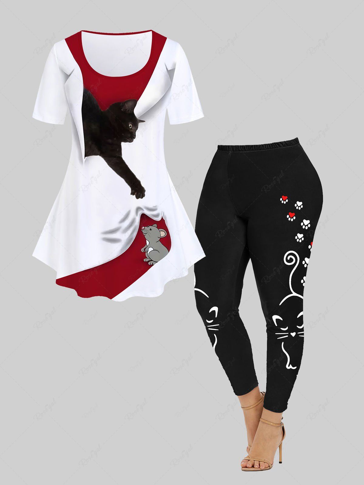 Chic Cat and Mouse Print T-shirt and Cartoon Cat Printed Leggings Plus Size Outfit  