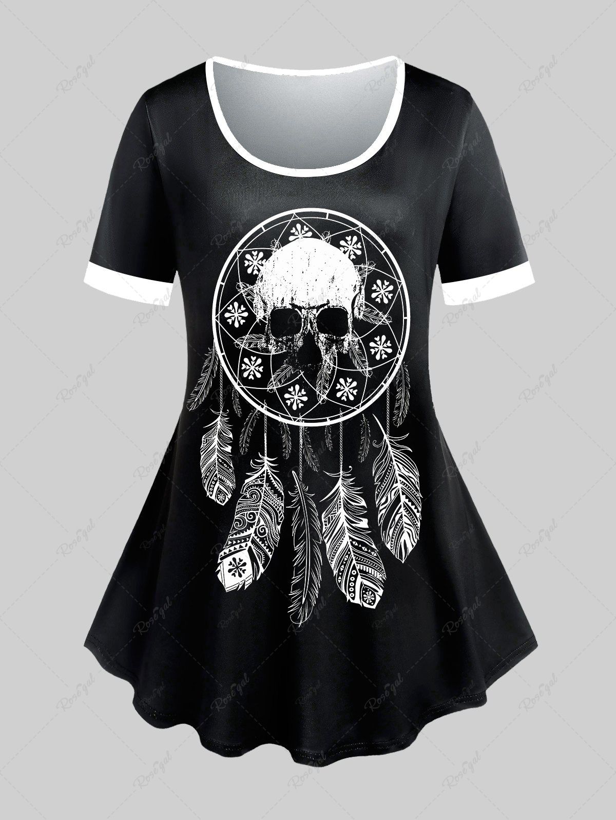 Latest Plus Size Skull Feather Printed Two Tone Ringer Tee  