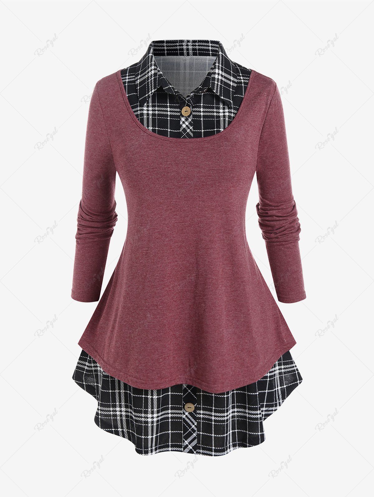 Shop Plus Size Tee with Plaid Detachable Collar and Skirt Set  