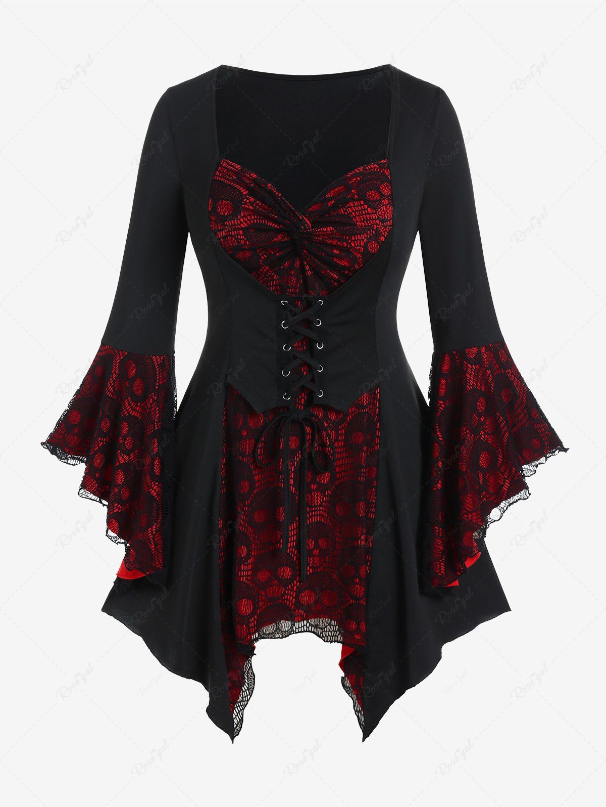 Outfit Gothic Bell Sleeve Skull Lace Handkerchief Tee  