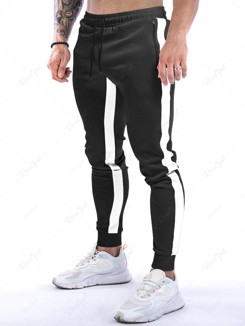 Best Contrast Colorblock Drawstring Zipper Pockets Beam Feet Long Casual Sports Sweatpants  