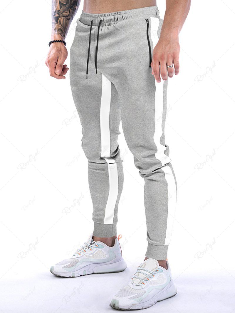 Latest Contrast Colorblock Drawstring Zipper Pockets Beam Feet Long Casual Sports Sweatpants  